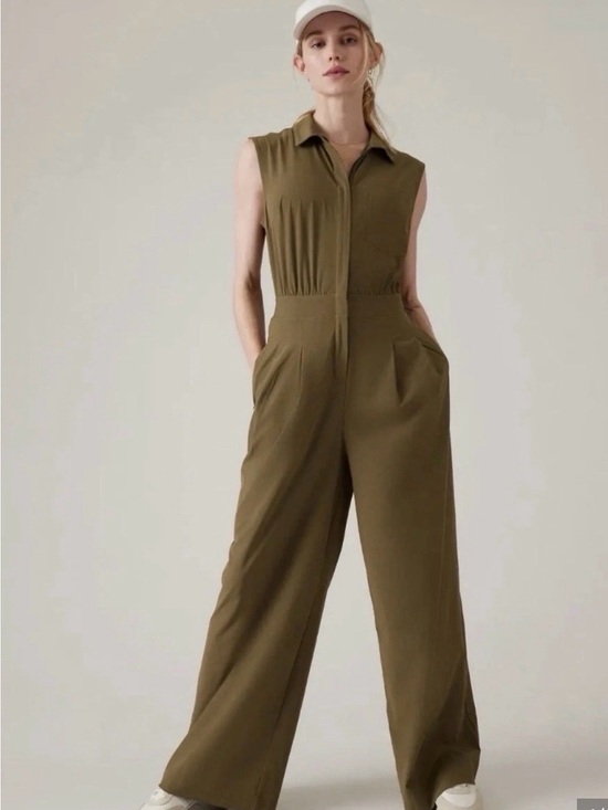 Athleta Pants - Athleta Brooklyn Height Size 6 Olive Green Sleeveless Utility Jumpsuit Wide Leg
